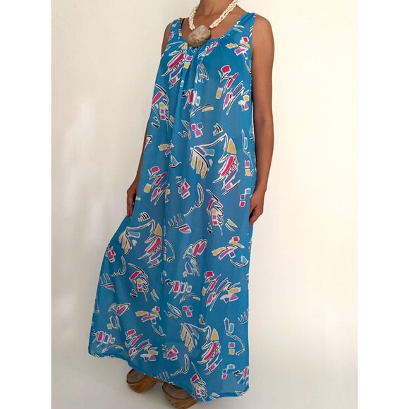 70s vintage blue abstract print sheer long maxi dress resortwear kaftan cover up - Picture 3 of 9